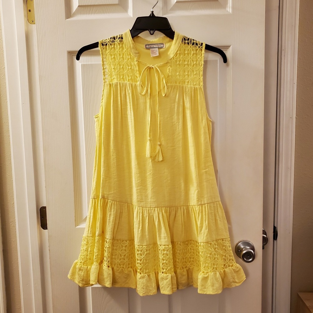 Flying Tomato sz S‎ yellow sundress shift lace ruffles summer beach cottage